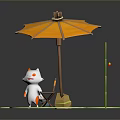 3D Scene Featuring White Cat Orange Umbrella Chair Fishing Rod On Green Lily Pad Platforms