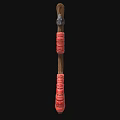 Decorative Medieval Axe With Ornate Metal Head And Red Wrapped Wooden Handle