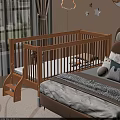 Children's Wooden Bed with Rails and Ladder in Bedroom Next to Bed with Window Curtains