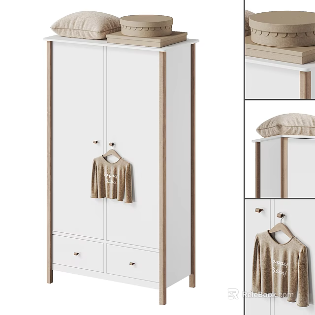 White Wooden Frame Wardrobe With Drawers Hangers And T Shirt Storage On Top 3d model 