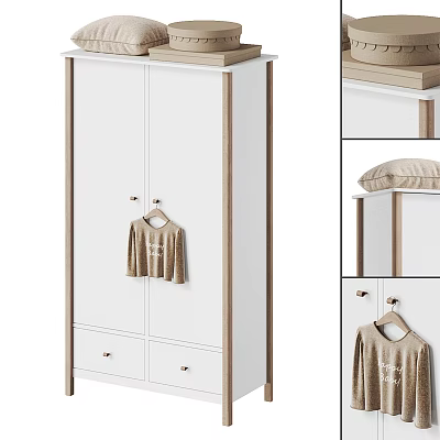 White Wooden Frame Wardrobe With Drawers Hangers And T Shirt Storage On Top 3d model