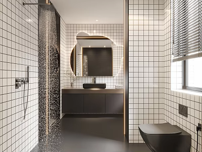 Modern Bathroom Interior With White Grid Tiles Black Vanity Round Mirror Shower Area And Toilet 3d model