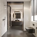 Modern Bathroom Interior With White Grid Tiles Black Vanity Round Mirror Shower Area And Toilet