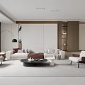 Modern Living and Dining Room Interior With Beige Sofa White Armchair And Black Coffee Table