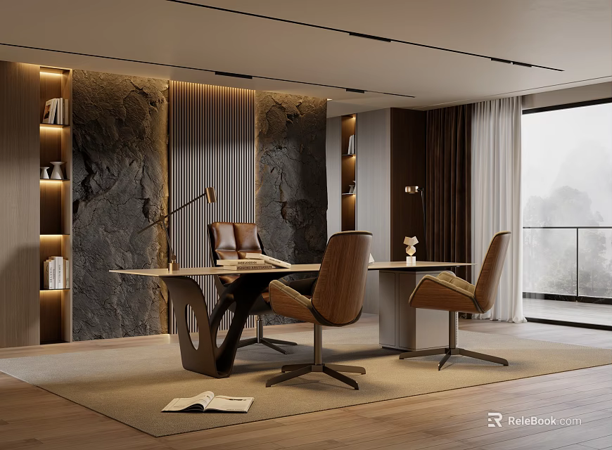 Modern Luxury Office Interior With Executive Desk Leather Chairs Bookshelves And Floor To Ceiling Windows 3d model 