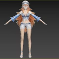 Woman with White Hat Orange Long Hair Blue White Top White Shorts Sandals Arms Outstretched