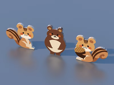 Adorable Set of Three Cartoon Animal Figurines Squirrel Bear with Brown Beige 3d model