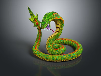 Mythical Multi Headed Snake Creature With Green Scales Open Mouth And Forked Tongue 3d model