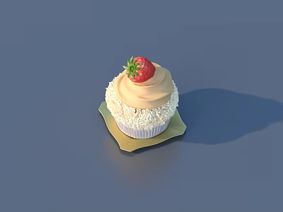 Delicious Cupcake With Vanilla Frosting And Fresh Strawberry On Golden Paper Liner 3d model