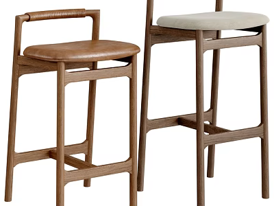 Modern Wooden Bar Stools With Leather And Fabric Seats And Woven Armrests 3d model