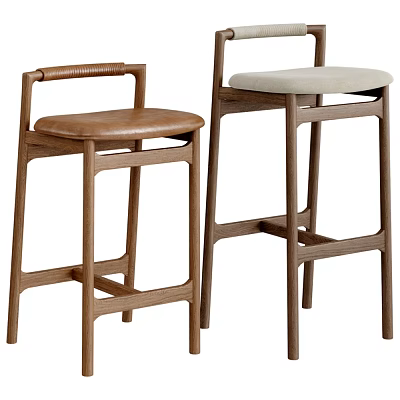 Modern Wooden Bar Stools With Leather And Fabric Seats And Woven Armrests 3d model