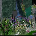 Floral Installation With Woman In White Dress Green Marble Waterfall Colorful Flowers And Curved Arch