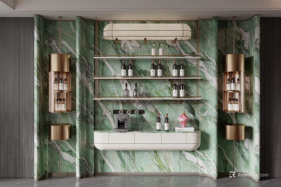 Elegant Modern Wine Cabinet With Green Marble Wall Golden Shelves And Wine Bottles 3d model 