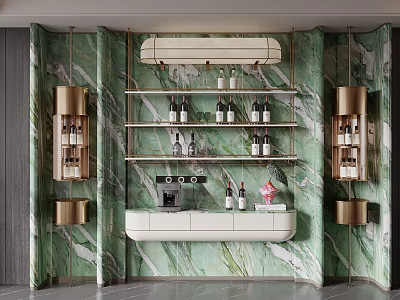 Elegant Modern Wine Cabinet With Green Marble Wall Golden Shelves And Wine Bottles 3d model