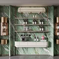 Elegant Modern Wine Cabinet With Green Marble Wall Golden Shelves And Wine Bottles
