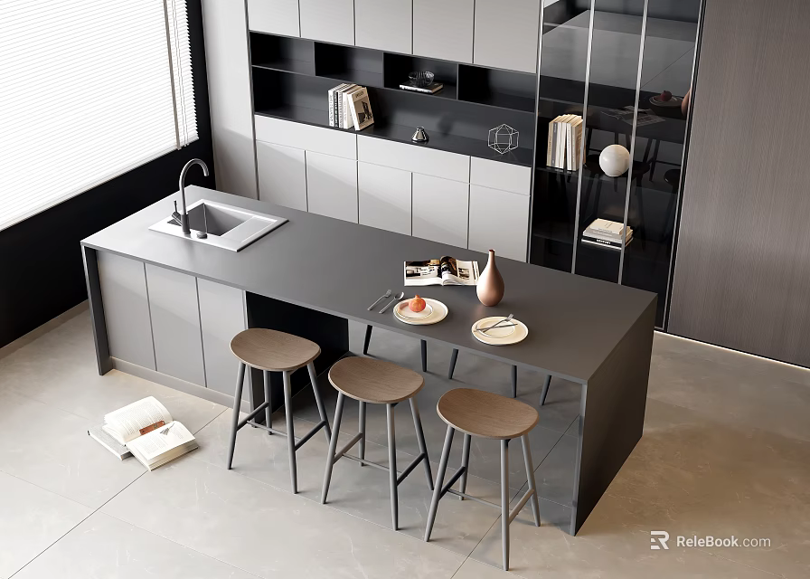 Modern Kitchen Bar Counter With Black Top Three Brown Stools Tableware Vase And Cabinets 3d model 