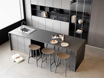 Modern Kitchen Bar Counter With Black Top Three Brown Stools Tableware Vase And Cabinets 3d model