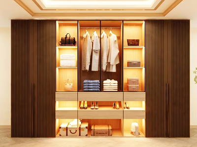 Modern Wooden Wardrobe Interior Design With Hanging Clothes Bags Folded Towels And Shoes 3d model