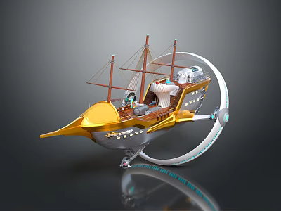 Futuristic Cosmic Starship With Golden Hull Sail Like Masts And Circular Ring 3d model