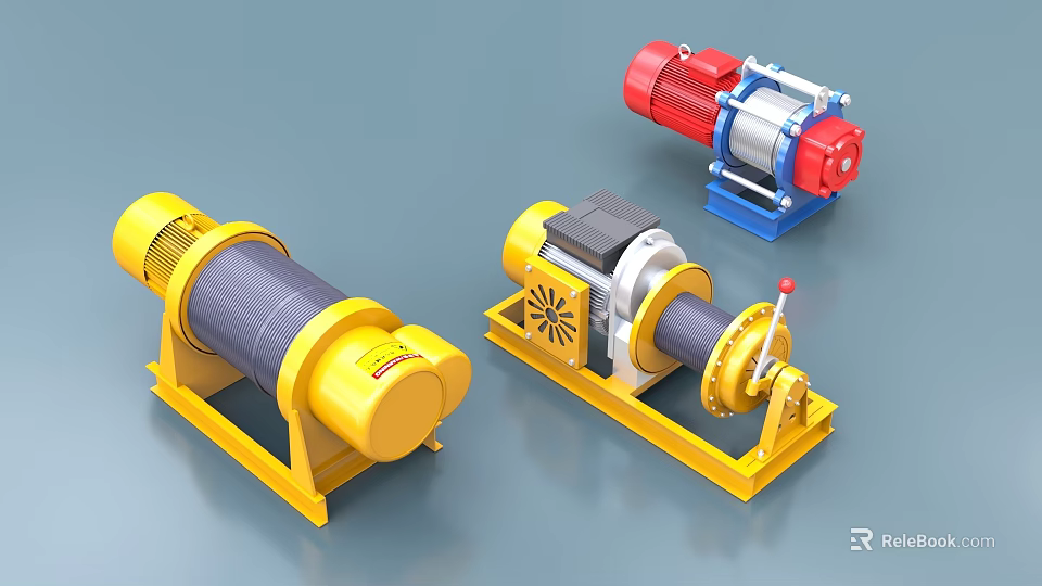 Industrial Mechanical Equipment Including Yellow Red Blue Winches With Motors And Bases 3d model 