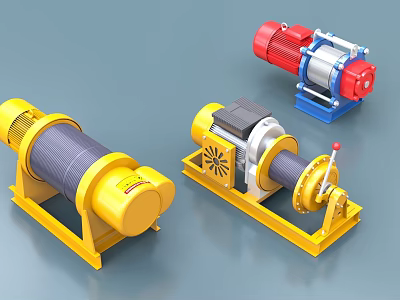 Industrial Mechanical Equipment Including Yellow Red Blue Winches With Motors And Bases 3d model
