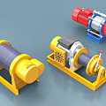 Industrial Mechanical Equipment Including Yellow Red Blue Winches With Motors And Bases