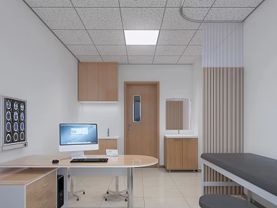 Medical Examination Room Interior With Wooden Cabinets Computer Desk Sink And Bed 3d model