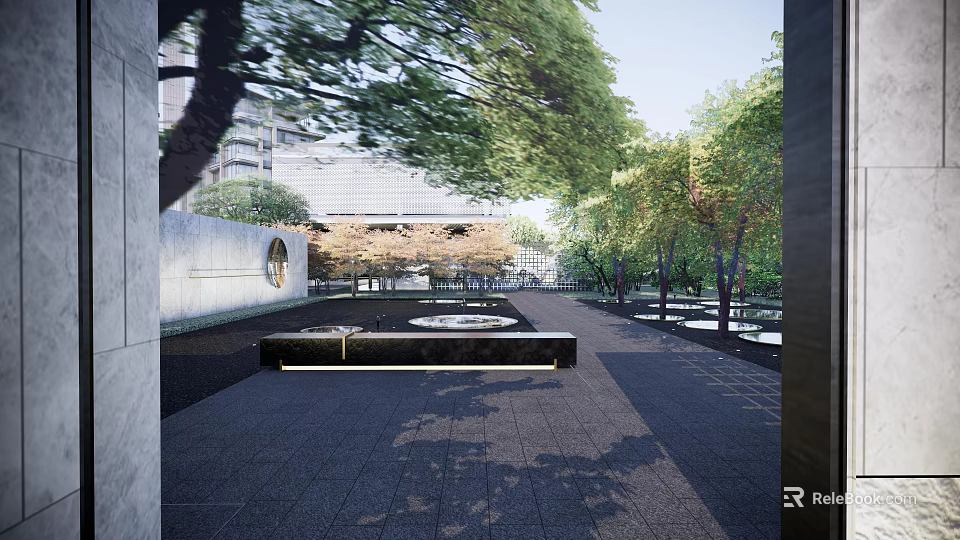Urban Garden Landscape With Dark Paved Pathway Lush Trees And Central Water Feature 3d model 