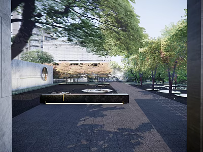 Urban Garden Landscape With Dark Paved Pathway Lush Trees And Central Water Feature 3d model