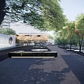 Urban Garden Landscape With Dark Paved Pathway Lush Trees And Central Water Feature