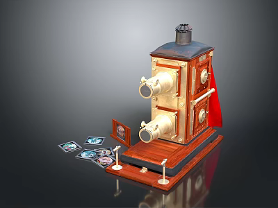 Vintage Electrical Appliance Projector With Brass Components Red Fabric Wooden Base And Surrounding Photographs 3d model