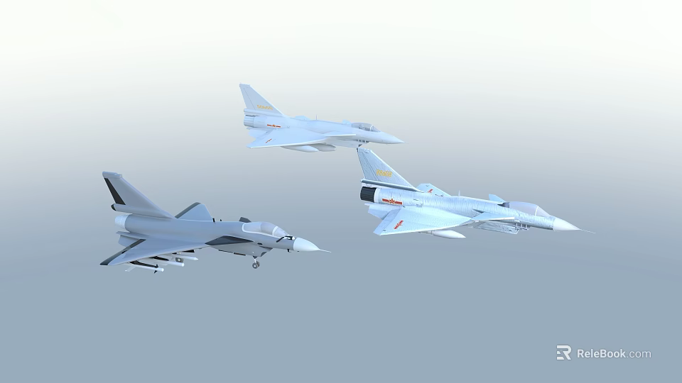 Three Military Fighter Jets Flying in Formation Against Clear Sky 3d model 