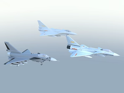 Three Military Fighter Jets Flying in Formation Against Clear Sky 3d model