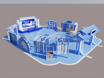 Modern Blue Exhibition Booth Design With Multiple Display Areas And Structures 3d model