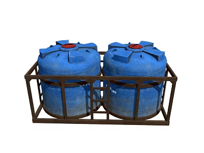 Industrial Equipment Featuring Two Blue Storage Tanks In Metal Frame With Red Lids 3d model