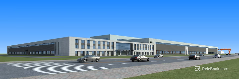 Modern Industrial Factory Building Exterior With Large Windows Glass Curtain Walls And Cars On Road 3d model 