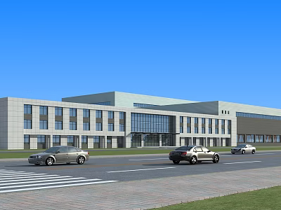 Modern Industrial Factory Building Exterior With Large Windows Glass Curtain Walls And Cars On Road 3d model