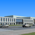 Modern Industrial Factory Building Exterior With Large Windows Glass Curtain Walls And Cars On Road