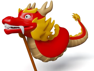 Red Chinese Dragon Shaped Decorative Ornament with Yellow Accents and Wooden Pole 3d model
