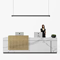 Modern Reception Desk Design With Gold Frame Marble Top And Computer Monitors