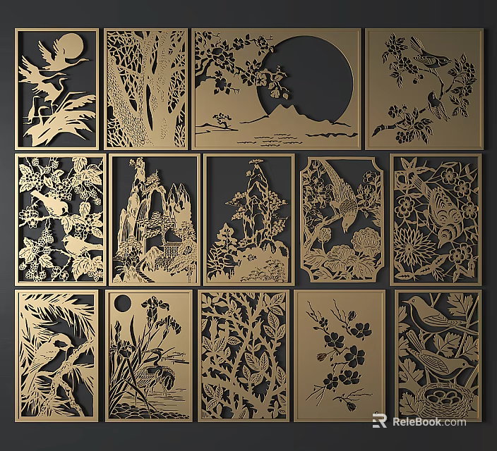 Artistic Room Dividers With Intricate Laser Cut Floral Bird Tree And Moon Patterns 3d model 