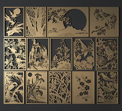 Artistic Room Dividers With Intricate Laser Cut Floral Bird Tree And Moon Patterns 3d model