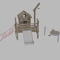 Outdoor Garden Ornaments Featuring Wooden Playhouse Metal Slide Swing and Circular Decorations