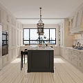 Modern Kitchen With White And Black Cabinets Island Counter Pendant Lights And Bar Stools
