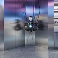Modern Marvel Cinematic Universe Showroom With Avengers Figures And Display Shelves Blue Lighting