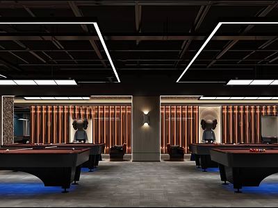 Modern Billiard Room Interior Design With Multiple Tables Lighting Fixtures Seating Areas And Wooden Paneling 3d model