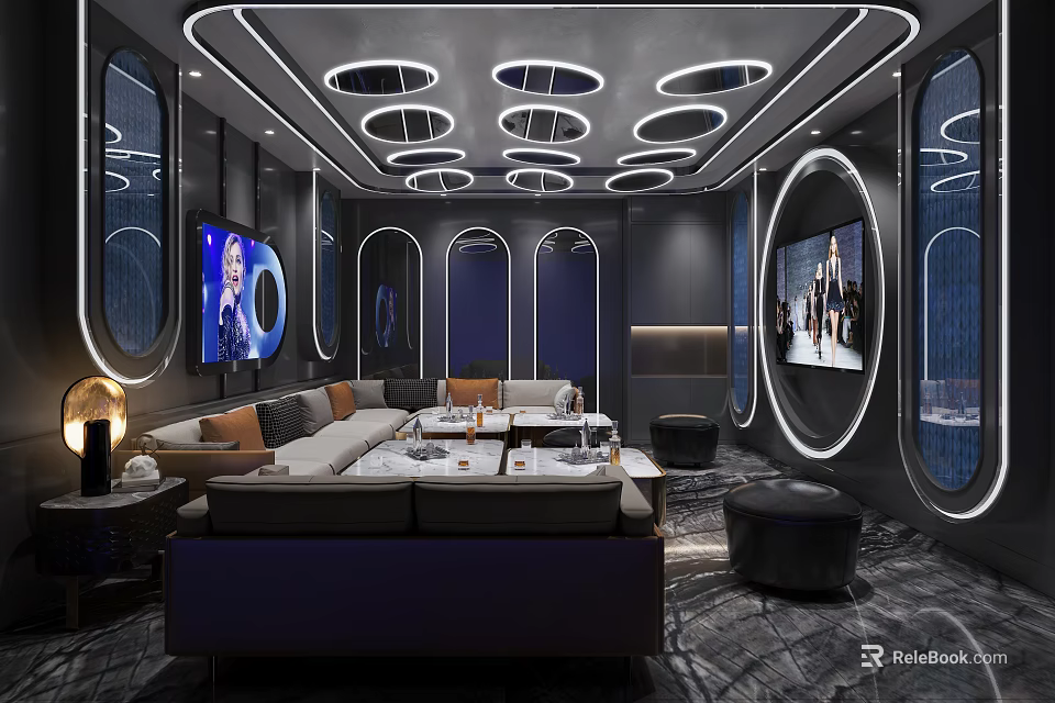 Modern KTV Interior Design With Comfortable Sofas TV Screens And Circular Lighting 3d model