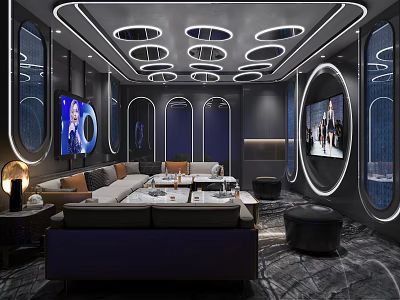 Modern KTV Interior Design With Comfortable Sofas TV Screens And Circular Lighting 3d model
