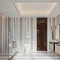 Modern Bathroom Interior With Striped Tiles Glass Shower White Toilet And Double Sink Vanity