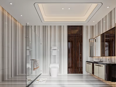 Modern Bathroom Interior With Striped Tiles Glass Shower White Toilet And Double Sink Vanity 3d model